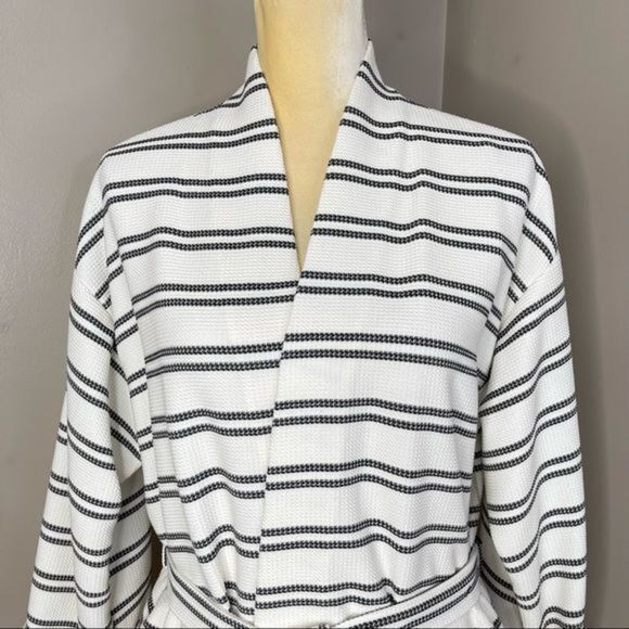 Bathrobe Sz L Waffle White & Black Stripes tie - Picture 5 of 12